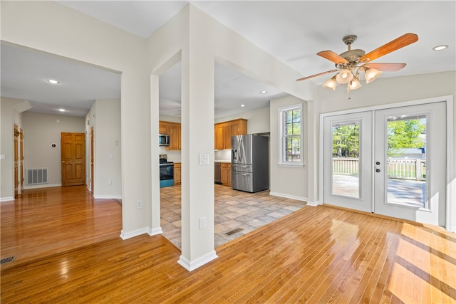 168 Wilderness Pt, Hartwell, GA 30643 - entrance foyer featuring light wood-style flooring, french doors, ceiling fan, and recessed lighting