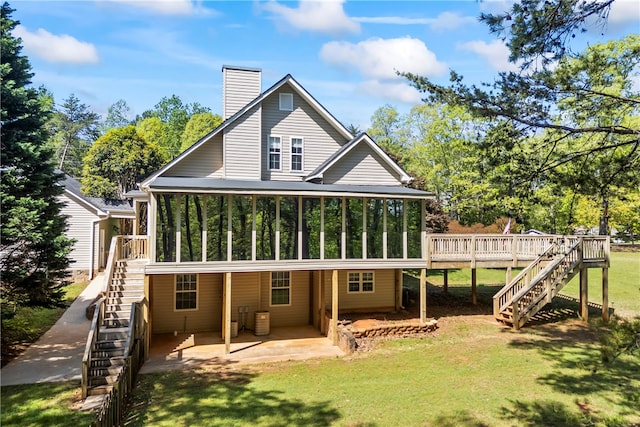 168 Wilderness Pt, Hartwell, GA 30643 - rear view of property with stairs, a sunroom, a chimney, a patio, and a wooden deck