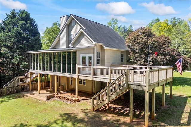 168 Wilderness Pt, Hartwell, GA 30643 - back of house featuring stairway, a chimney, a sunroom, and a deck