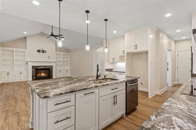 340 Fiddlers Way, Seneca, SC 29678 - kitchen with dishwasher, light wood-style floors, stone countertops, a ceiling fan, and recessed lighting