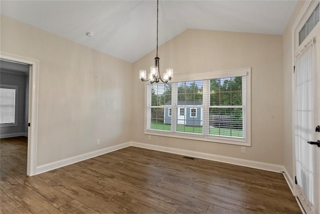 340 Fiddlers Way, Seneca, SC 29678 - unfurnished dining area with a chandelier, vaulted ceiling, and dark wood finished floors