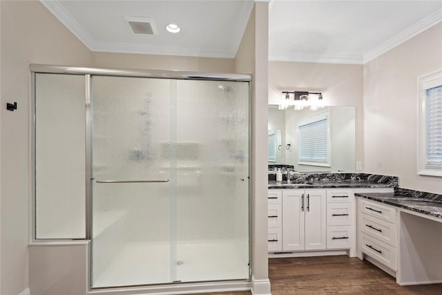 340 Fiddlers Way, Seneca, SC 29678 - full bath with vanity, a shower stall, crown molding, and wood finished floors