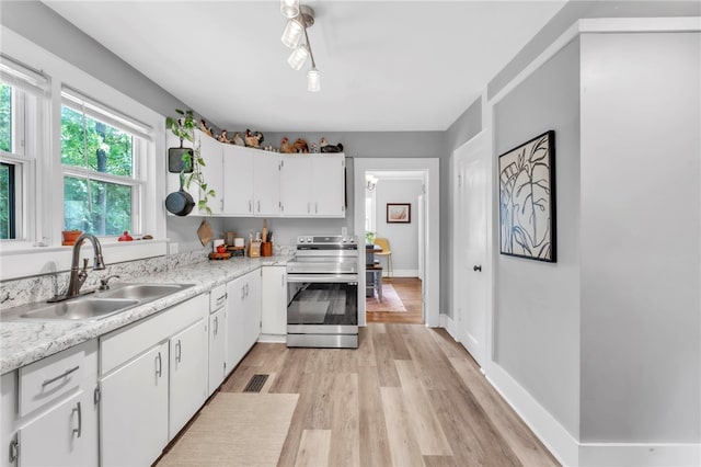 423 Lebanon Rd, Pendleton, SC 29670 - kitchen with stainless steel range with electric stovetop, light countertops, light wood-style flooring, and white cabinets