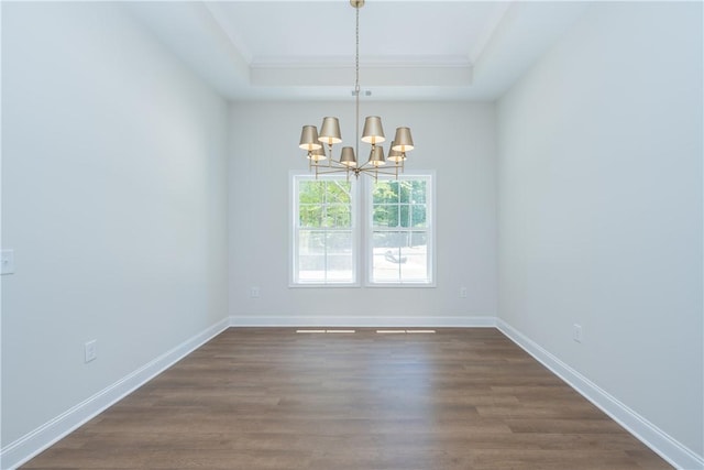 218 W Halfway Branch Rd, Walhalla, SC 29691 - empty room with a tray ceiling, a chandelier, dark wood-style floors, and crown molding