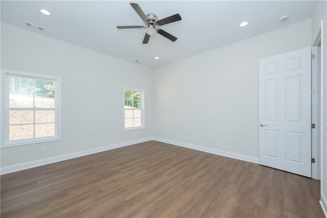 218 W Halfway Branch Rd, Walhalla, SC 29691 - unfurnished room with dark wood-type flooring, ceiling fan, recessed lighting, and a smoke detector
