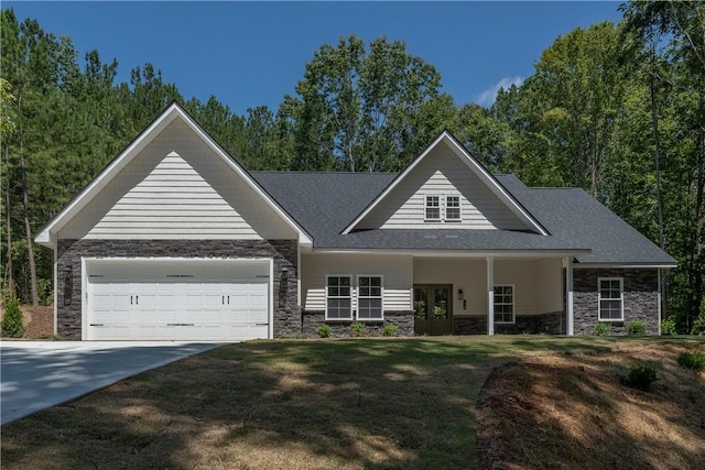 218 W Halfway Branch Rd, Walhalla, SC 29691 - view of front of house featuring french doors, stone siding, driveway, an attached garage, and a front yard