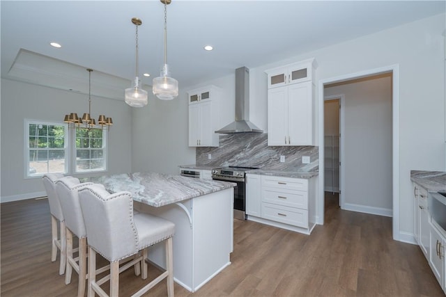 218 W Halfway Branch Rd, Walhalla, SC 29691 - kitchen featuring wall chimney range hood, stainless steel electric range, dark wood-style flooring, white cabinets, and light stone counters