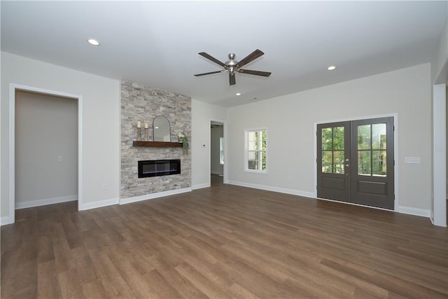 218 W Halfway Branch Rd, Walhalla, SC 29691 - unfurnished living room featuring ceiling fan, wood finished floors, a fireplace, and recessed lighting