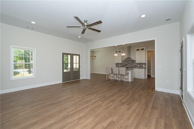 218 W Halfway Branch Rd, Walhalla, SC 29691 - unfurnished living room with a ceiling fan, dark wood-type flooring, and recessed lighting