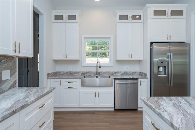 218 W Halfway Branch Rd, Walhalla, SC 29691 - kitchen featuring appliances with stainless steel finishes, white cabinets, glass insert cabinets, light stone countertops, and recessed lighting