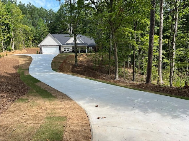 218 W Halfway Branch Rd, Walhalla, SC 29691 - view of front facade with concrete driveway, a garage, and a forest view