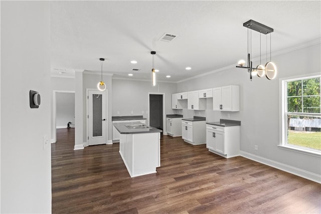 973 Pine Plain Rd, Gaston, SC 29053 - kitchen featuring ornamental molding, a kitchen island, dark countertops, white cabinets, and dark wood-type flooring