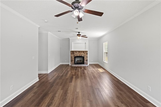 973 Pine Plain Rd, Gaston, SC 29053 - unfurnished living room featuring ornamental molding, dark wood-style floors, ceiling fan, and a fireplace