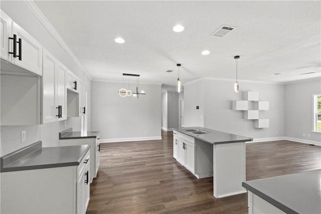 973 Pine Plain Rd, Gaston, SC 29053 - kitchen with crown molding, open floor plan, recessed lighting, dark wood-style floors, and dark countertops
