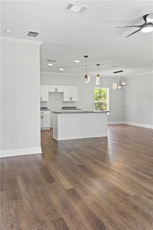 973 Pine Plain Rd, Gaston, SC 29053 - unfurnished living room featuring crown molding, a ceiling fan, dark wood finished floors, recessed lighting, and a textured ceiling