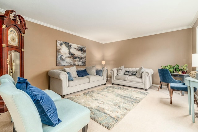 carpeted living room featuring ornamental molding