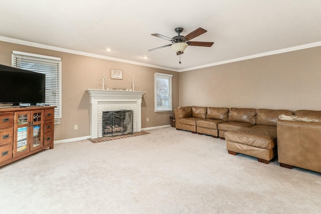 living room featuring crown molding, a fireplace, and carpet