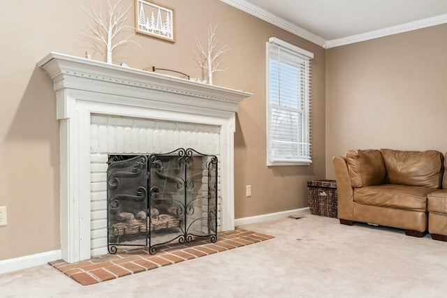 living room with carpet flooring, crown molding, and a brick fireplace