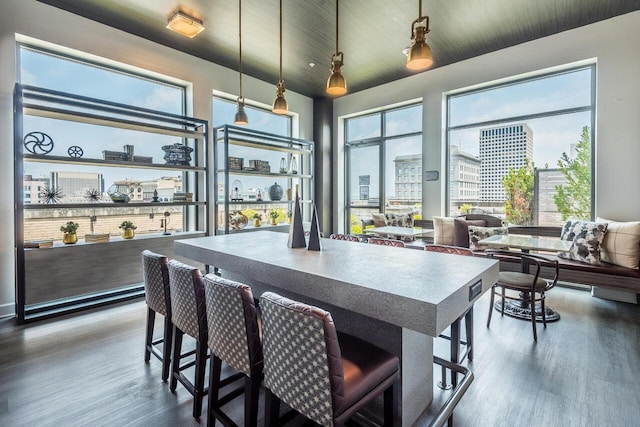 interior space featuring pendant lighting, dark hardwood / wood-style flooring, a kitchen bar, and a wealth of natural light