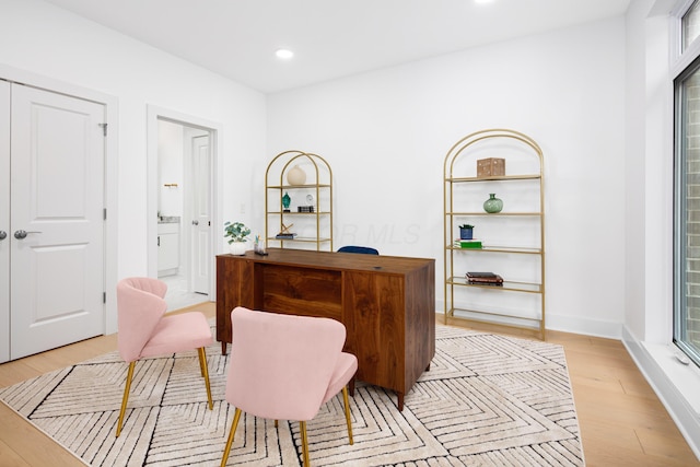 office space with light hardwood / wood-style flooring