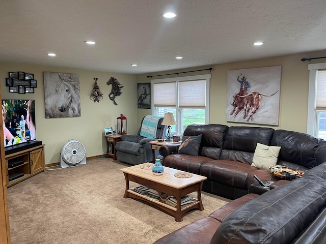 living room with a textured ceiling and light colored carpet