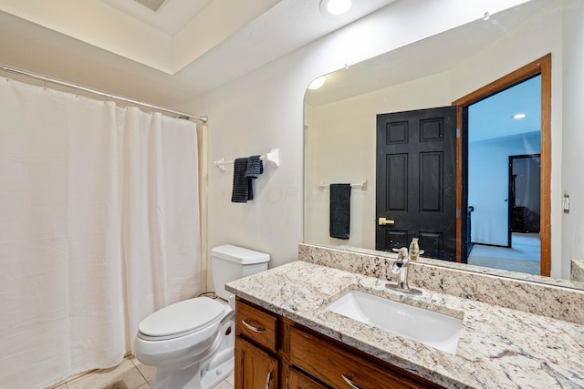 12627 Oakmere Dr, Pickerington, OH 43147 - full bathroom featuring vanity, toilet, tile patterned floors, and curtained shower