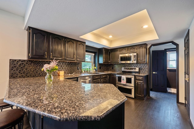12627 Oakmere Dr, Pickerington, OH 43147 - kitchen with appliances with stainless steel finishes, a peninsula, a tray ceiling, a sink, and a breakfast bar