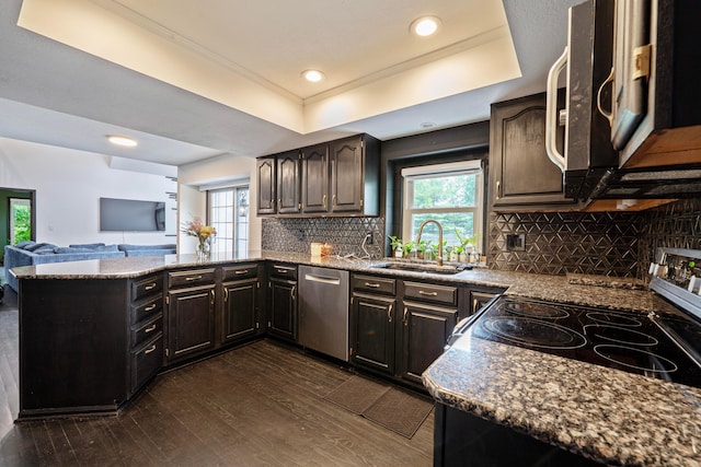 12627 Oakmere Dr, Pickerington, OH 43147 - kitchen with stainless steel appliances, dark wood finished floors, a tray ceiling, a sink, and a peninsula