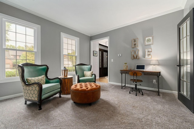 sitting room with carpet floors, baseboards, and ornamental molding