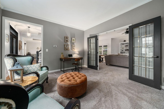 carpeted living area featuring french doors, baseboards, stairs, ceiling fan, and ornamental molding
