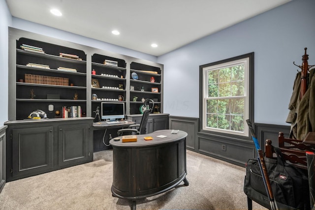 home office with wainscoting, light carpet, and recessed lighting