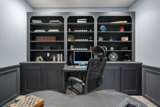 home office featuring wainscoting and carpet flooring