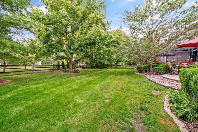 view of yard featuring fence and a patio