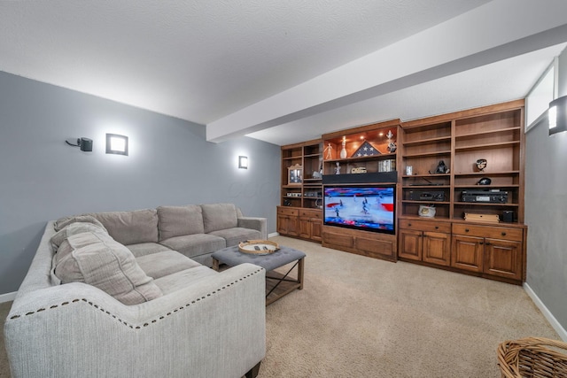 living area featuring light colored carpet and baseboards