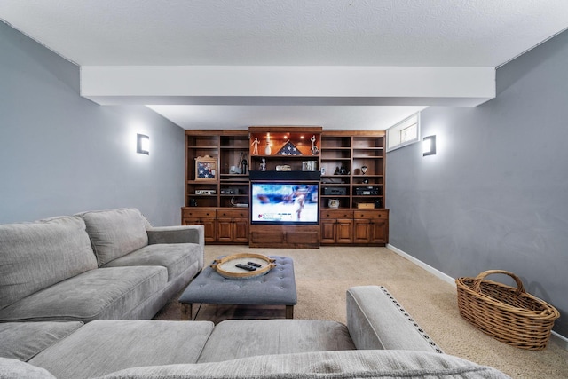 living room featuring light colored carpet, baseboards, and beamed ceiling