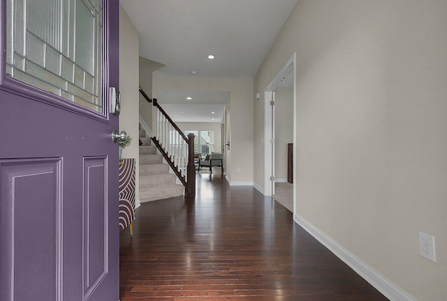 5421 Mercier St, Lewis Center, OH 43035 - entryway featuring wood-type flooring, stairway, baseboards, and recessed lighting