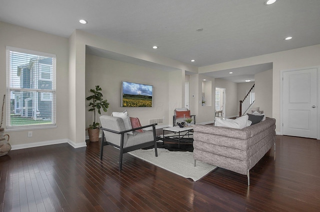 5421 Mercier St, Lewis Center, OH 43035 - living room with stairs, dark wood-style floors, baseboards, and recessed lighting