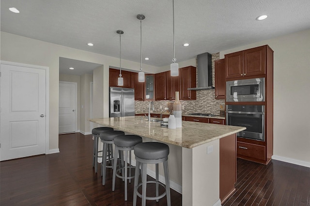 5421 Mercier St, Lewis Center, OH 43035 - kitchen with appliances with stainless steel finishes, wall chimney range hood, baseboards, tasteful backsplash, and dark wood-style flooring