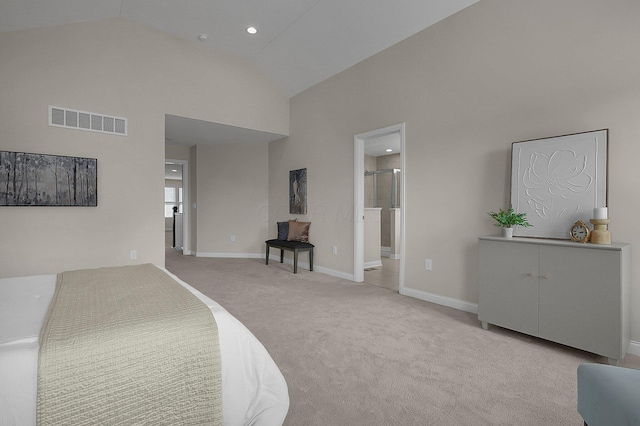 5421 Mercier St, Lewis Center, OH 43035 - bedroom featuring high vaulted ceiling, light colored carpet, baseboards, recessed lighting, and ensuite bathroom