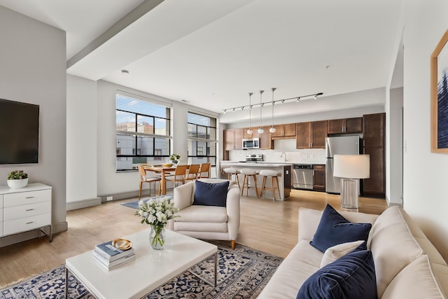 living room featuring sink, light hardwood / wood-style floors, and track lighting