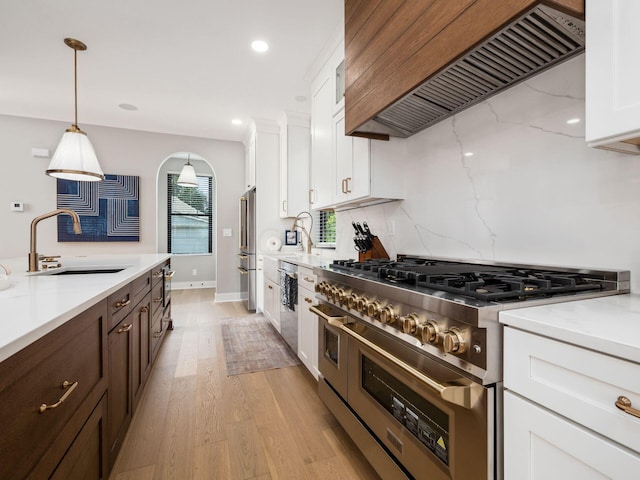 kitchen with light stone countertops, appliances with stainless steel finishes, light wood-type flooring, premium range hood, and sink