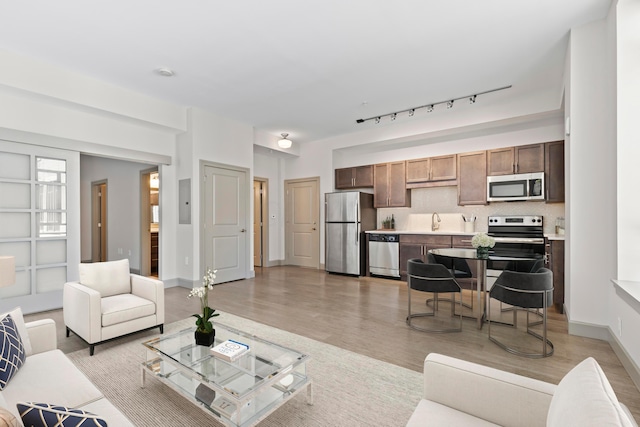 living room featuring rail lighting, light hardwood / wood-style flooring, and sink