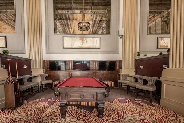 recreation room featuring carpet floors and billiards