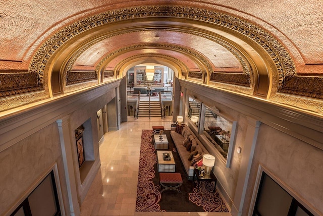 wine area with lofted ceiling