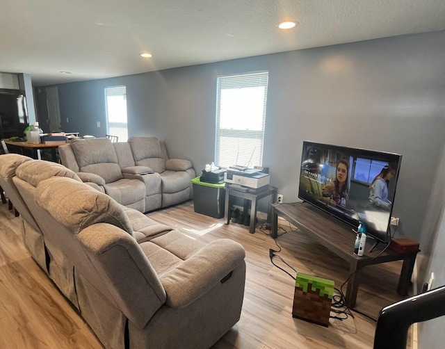 living room featuring a textured ceiling, light hardwood / wood-style flooring, and plenty of natural light