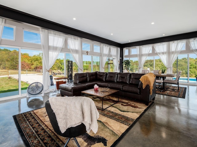 living room with concrete floors