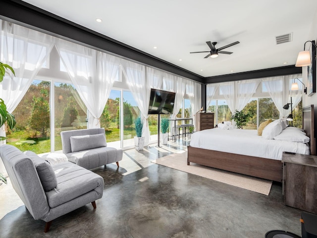 bedroom with access to exterior, concrete floors, and ceiling fan