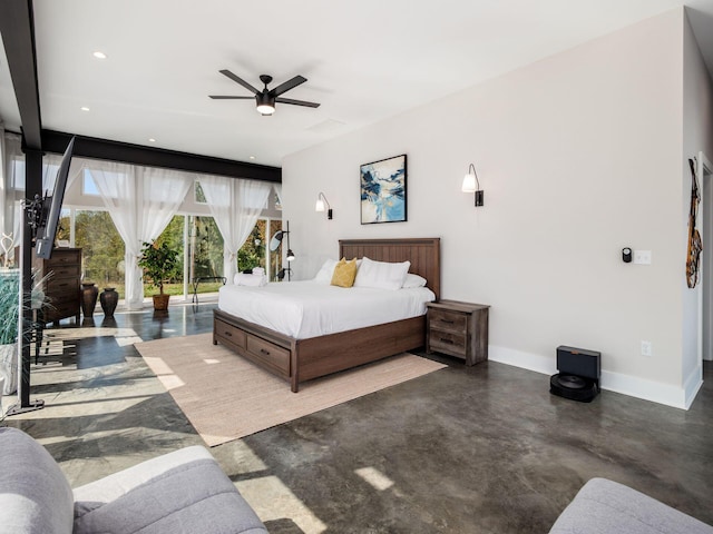 bedroom featuring access to outside and ceiling fan