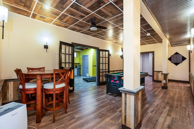 dining room featuring ceiling fan, french doors, dark hardwood / wood-style floors, and pool table