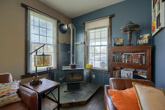 living room featuring dark hardwood / wood-style floors and a wood stove